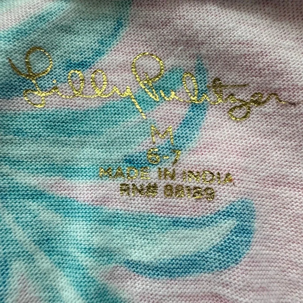Lilly Pulitzer Girls Pink Blue Pineapple Print Cotton Dress Pom Pom Trim M 6-7
